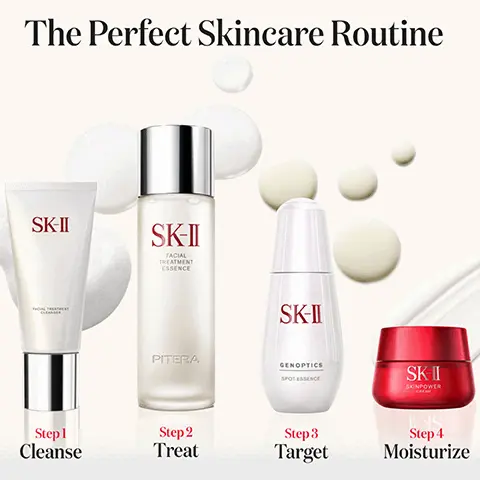 Image 1, ﻿ The Perfect Skincare Routine SK-II Step 1 Cleanse SK-II FACIAL TREATMENT ESSENCE SK-II PITERA GENOPTIC SPOT ESSENCE SKII SKINPOWER Step 2 Treat Step 3 Target Step 4 Moisturize Image 2, ﻿ Unleash the power of GenOptics Spot Resist Complex PITERA TM Enriched with over 50 micronutrients to achieve Lifelong Youthful Skin. De-Melano P3C' TM Reduce appearance of dark spots and age spots for glowing, radiant complexion. Lumina Sea Kelp Reduce appearance of age spots and sun spots for bright, even skin tone.