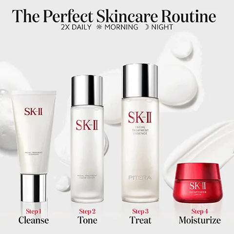 Image 1, The Perfect Skincare Routine 2X DAILY MORNING NIGHT SK-II SK-II SK-II FACIAL TREATMENT ESSENCE CLEAR LOTION PITERA SK-II SIGNPOWER Step 1 Cleanse Step 2 Tone Step 3 Treat Step 4 Moisturize Image 2, ﻿ Radiant Helps remove stubborn impurities from your skin to reveal its true radiance. Smooth Smoothes skin to prepare it for the rest of your regimen. Based on 20 participant measurement study over Sues & 33 participantmeasurement study over 30 day period Image 3, ﻿ Key Ingredients Facial Treatment Clear Lotion Toner PITERATM A bio-ingredient rich in vitamins, organic acids, minerals, and amino acids that work together to support skin's natural cell renewal process. AHA (Alpha-hydroxy acids) Exfoliates dead skin surface cells & impurities and conditions the skin surface for a silky finish. Image 4, ﻿ Unleash the power of PITERATM A natural bio ingredient cultured exclusively in Japan for SK-II to strengthen & protect skin barrier from environmental stressors Containing 50 micronutrients like vitamins, minerals, amino acids, and natural acids to visibly transform to translucent & radiant looking skin Crafted from fermentation in a proprietary process of a unique yeast strain to provide skin surface inner hydration, locking moisture within skin