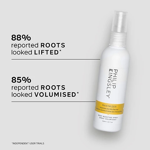 Image 1 - A white Philip Kingsley Maximizer Root Boosting Spray bottle, labeled as volumises and lifts fine hair, apporte volume et tonus aux cheveux fins, 125ml e 4.22 fl oz, is displayed against a light grey background next to text stating 88% reported ROOTS looked LIFTED* and 85% reported ROOTS looked VOLUMISED*, with a footnote *INDEPENDENT USER TRIALS. Image 2 - A hand holds a white spray bottle of Philip Kingsley Maximizer Root Boosting Spray, 125ml e 4.22 fl oz, with a yellow label stating Volumes and lifts fine hair, Donne du volume et tient les cheveux fins, next to the text Key Benefits: Residue-free root lift, texture and volume; Controls flyaways and frizz; Leaves hair feeling thick and bouncy. Image 3 - A smiling woman with voluminous blonde hair looks over her shoulder, next to a customer review that reads: I have really thin hair and only a few sprays and this has helped my hair look so much MORE VOLUMINOUS! Your hair is left feeling normal and NOT STICKY or greasy! CUSTOMER REVIEW Image 4 - A split image shows a woman with blonde hair, on the left labeled BEFORE she has visible grey roots, and on the right labeled AFTER her hair is a vibrant blonde with no grey roots. Image 5 - The image shows clear liquid drops on a light grey background with text listing Key Ingredients: Hydrolyzed Keratin Improves overall fullness; Surface Resins Add volume and hold; Protein and Conditioning Agents Smooth and protect. Image 6 - A blonde woman uses a black round brush hairdryer to style her wet hair near the roots, with visible text reading Trichologist Tip: This is a heat-activated formula. Start blow drying with your hair flipped over for added volume. Image 7 - Image showing four different white and clear hair product textures on a light background, with visible text Weightless Conditioner, Weightless Shampoo, Root Boosting Spray, Strand Plumping Cream. Image 8 - Four white Philip Kingsley hair product bottles illustrate a four-step routine for Body Building: Weightless Volume Every Day, detailed as: Step 1 Cleanse with Philip Kingsley Body Building Weightless Shampoo, Step 2 Condition with Philip Kingsley Body Building Weightless Conditioner, Step 3 Boost Roots with Philip Kingsley Maximizer Root Boosting Spray, and Step 4 Plump Strands with Philip Kingsley Maximizer Strand Plumping Cream.