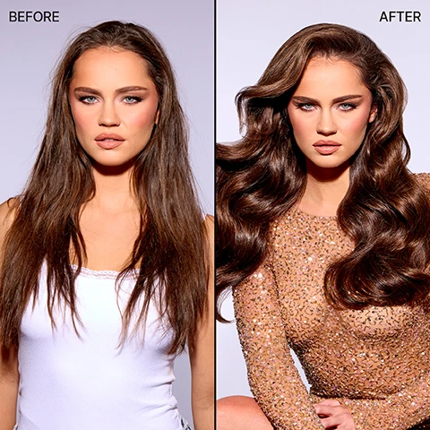 Image 1 - A split image shows a woman before and after a hair styling treatment, with the text BEFORE above the left image showing her with straight hair and a white tank top, and AFTER above the right image showing her with wavy styled hair and a sparkly gold dress.
              Image 2 - A turquoise spray bottle of COLOR WOW MONEY MIST hair product is shown with text and icons around it describing benefits Super-silky Supple texture, Strengthens to the core, Breakthrough Amino Acid Protein Peptide Complex, Heat UV Protectant, Elasticity Bounce, and Detangles Defrizzes.
              Image 3 - Close up of brown hair with text 69% less breakage*, 81% less frizz*, *average results based on independent testing.