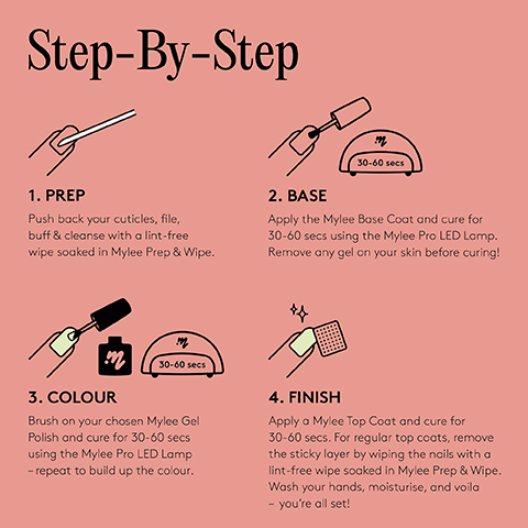 Step-By-Step 1. PREP Push back your cuticles, file, buff & cleanse with a lint-free wipe soaked in Mylee Prep & Wipe. 2. BASE m 30-60 secs Apply the Mylee Base Coat and cure for 30-60 secs using the Mylee Pro LED Lamp. Remove any gel on your skin before curing! 수수 m 3. COLOUR 30-60 secs Brush on your chosen Mylee Gel Polish and cure for 30-60 secs using the Mylee Pro LED Lamp -repeat to build up the colour. 4. FINISH Apply a Mylee Top Coat and cure for 30-60 secs. For regular top coats, remove the sticky layer by wiping the nails with a lint-free wipe soaked in Mylee Prep & Wipe. Wash your hands, moisturise, and voila - you're all set!