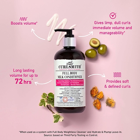boosts volume. gives limp, dull curls immediate volume and manageability. long lasting volume for up to 72 hours. provides soft and defined curls. when used as a system with full body weightless cleanser and hydrate and plump leave in. source = based on third party testing vs control.