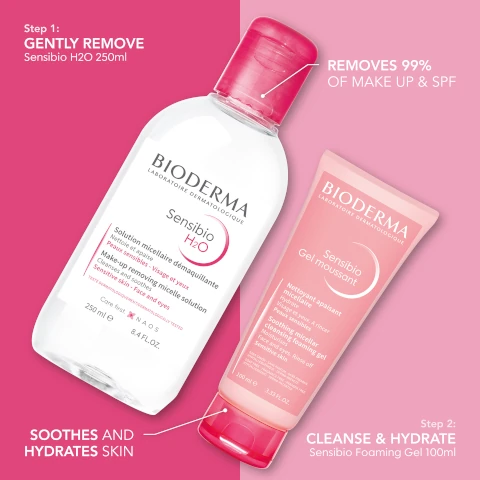 step 1 = gently remove, sensibo H20 250ml, removes 99% of makeup and SPF. step 2 = cleanse and hydrates sensibio foaming gel 100ml - soothes and hydrates.