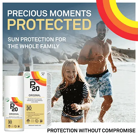 Image 1, PRECIOUS MOMENTS PROTECTED SUN PROTECTION FOR THE WHOLE FAMILY RIEMANN RIEMANN P20 ORIGINAL 20 30 ORIGINAL 30 PROTECTION WITHOUT COMPROMISE Image 2, TRIPLE PROTECTION TECHNOLOGY Protects up to 10 HOURS WATER & SWEAT resistant HIGH LEVEL UVA protection