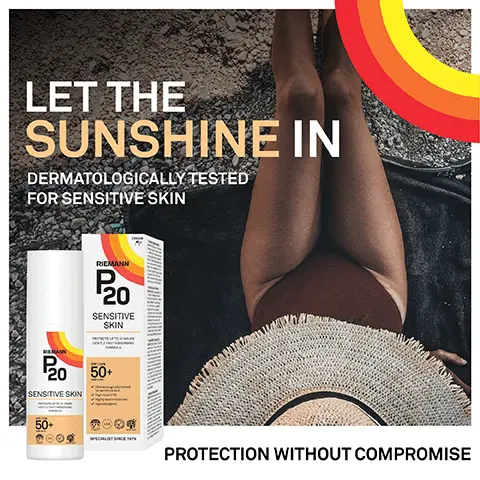 Image 1, LET THE SUNSHINE IN DERMATOLOGICALLY TESTED FOR SENSITIVE SKIN RIEMANN P20 SENSITIVE SKIN 20 50+ SENSITIVE SKIN PROTECTION WITHOUT COMPROMISE Image 2, ✓ Protects up to 10 hours ✓ Dermatalogically tested for sensitive skin High level UVA protection ✓ Light, fast absorbind formula High water resistant