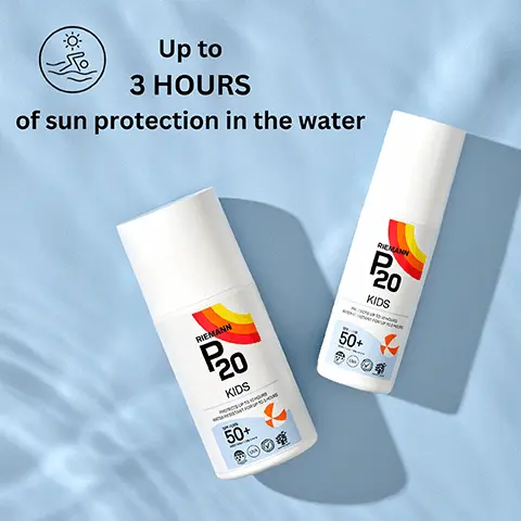 Image 1, Up to 3 HOURS of sun protection in the water RIEMANN P20 '20 KIDS 50+ 50+ RIEMANN P20 KIDS Image 2, TRIPLE PROTECTION TECHNOLOGY Protects Up To 10 Hours Protects Up To 3 Hours In The Water For Children's Sun Sensitive Skin