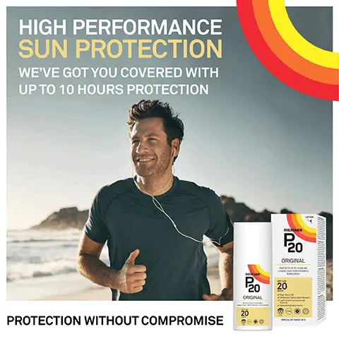 Image 1, HIGH PERFORMANCE SUN PROTECTION WE'VE GOT YOU COVERED WITH UP TO 10 HOURS PROTECTION PROTECTION WITHOUT COMPROMISE RILMANN Р20 ORIGINAL 20 20 ORIGINAL Image 2, TRIPLE PROTECTION TECHNOLOGY Protects up to 10 HOURS WATER & SWEAT resistant HIGH LEVEL UVA protection