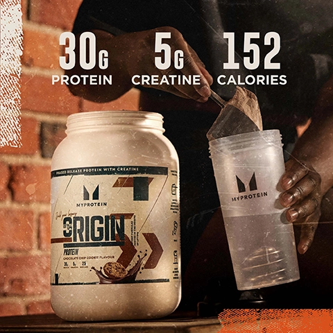 A container of protein powder with a label indicating 30g protein, 5g creatine, and 152 calories is shown alongside a clear shaker being filled with powder, with the brand name MyProtein visible on both.