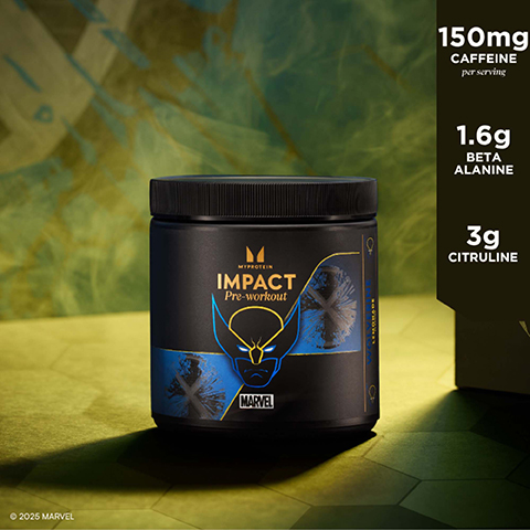 A black tub of Myprotein IMPACT Pre-workout in Lemonade flavor, featuring a blue and yellow Wolverine mask logo and Marvel branding, is displayed with text alongside it stating 150mg Caffeine per serving, 1.6g Beta Alanine, and 3g Citruline, with © 2025 MARVEL visible in the bottom left corner.