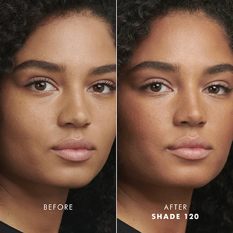 Image 1, before and after. image 2, swatches of 90, 100, 110 and 120 on 3 different skin tones. image 3, sun-kissed all over face - buff onto areas where the sun naturally hits. sculpt and contour = apply to the hollows of the cheeks, along the jawline and on the hollows on the temples for a sculpted look. on eyelids = blend onto eyelids as a creamy latte eyeshadow. combine with cheek tin = mix with the luminous silk cheek tint for a pop of colour.