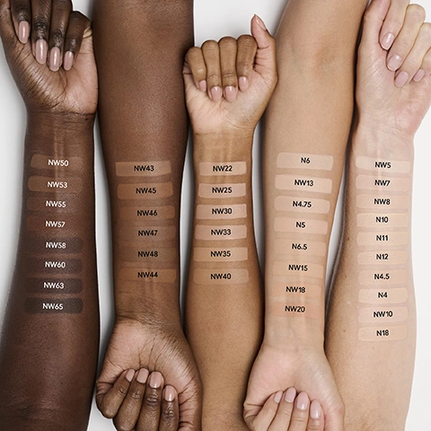 Image 1 - Five arms with diverse skin tones are shown vertically, displaying numerous foundation swatches with labels: NW50, NW53, NW55, NW57, NW58, NW60, NW63, NW65, NW43, NW45, NW46, NW47, NW48, NW44, NW22, NW25, NW30, NW33, NW35, NW40, N6, NW13, N4.75, N5, N6.5, NW15, NW18, NW20, NW5, NW7, NW8, N10, N11, N12, N4.5, N4, NW10, N18. Image 2 - A split image showing a womans face before and after makeup application, with text BEFORE N10 AFTER.