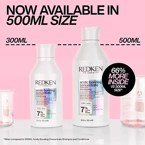 Image 1 - Image shows two bottles of Redken shampoo and conditioner side by side, one labeled 300ML and the other 500ML, with text stating NOW AVAILABLE IN 500ML SIZE and 66% MORE INSIDE VS 300ML SIZE.
              Image 2 - A white bottle of Redken Acidic Bonding Concentrate Shampoo, which is surrounded by foam, features text stating 56% LESS BREAKAGE* and 11X SMOOTHER**, along with SILKY FINISH & GLOSSY SHINE.
              Image 3 - Close-up of a white bottle with a flip-top lid, showing a dollop of cream on the lid and text stating 56% less breakage*, 90% more conditioned*, and 11X smoother**.
              Image 4 - A person is applying a hair treatment product from a tube labeled Redken, which claims to combat one year of visible damage in one use, reduces split ends by 78%, and provides heat protection up to 230°C.
              Image 5 - Image shows a close-up of creamy white textures resembling hair products with visible text that reads CITRIC ACID + BONDING CARE COMPLEX HELPS REPAIR BONDS + PREVENT FUTURE DAMAGE.
              Image 6 - Image shows two side-by-side comparisons of hair treatment effectiveness: the left side labeled BEFORE displays frizzy, unkempt hair, while the right side labeled AFTER ONE USE* shows smooth, straightened hair, with additional text at the bottom stating *SYSTEM OF ACIDIC BONDING CONCENTRATE INTENSIVE TREATMENT: SHAMPOO, CONDITIONER & LEAVE-IN VS. UNDAMAGED HAIR.
              Image 7 - Image shows a side-by-side comparison of hair; the left side labeled BEFORE features frizzy, curly hair, while the right side labeled AFTER ONE USE* shows smooth, defined curls. Visible text at the bottom reads SYSTEM OF ACIDIC BONDING CONCENTRATE INTENSIVE TREATMENT, SHAMPOO, CONDITIONER & LEAVE IN VS. UNDAMAGED HAIR.
              Image 8 - Image features three hair care products from Redken: a shampoo bottle labeled acidic bonding concentrate shampoo with text indicating 7% citric acid, a conditioner bottle labeled acidic bonding concentrate with 11% citric acid, and a leave-in treatment tube labeled protect & leave-in with 5% citric acid, all under the title DAMAGE REPAIR FOR CHEMICALLY TREATED HAIR.
              Image 9 - Image of two bottles of Redken Acidic Bonding Concentrate shampoo, one large and one small, with five stars above them and the text BEST IVE EVER USED AND IM A HAIRDRESSER along with a note that the product was received from Marie Claire Beauty Drawer, August 2022.Image 10 - A tube of Redken Acidic Bonding Concentrate leave-in treatment is shown with five stars above it; the text includes a testimonial stating the product is the best leave-in treatment ever used and that the users hair looks better after each use, along with a note about receiving the product from Marie Claire Beauty Drawer in November 2021.Image 10 - A tube of Redken Acidic Bonding Concentrate leave-in treatment is shown with five stars above it; the text includes a testimonial stating the product is the best leave-in treatment ever used and that the users hair looks better after each use, along with a note about receiving the product from Marie Claire Beauty Drawer in November 2021.
              Image 11 - A person with long hair is holding a small amount of product from a tube labeled REDKEN, which is displayed next to them, while text above reads LOVED BY PROS and a quote below describes the products benefits from hairstylist Lorna Valente, including protection and nourishment for hair.