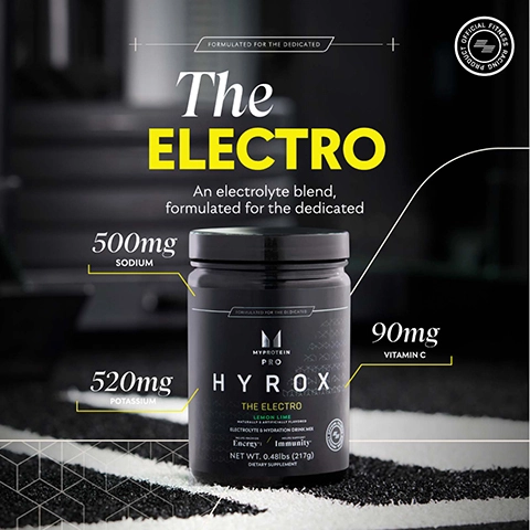 A black container labeled HYROX THE ELECTRO with visible text showing 500mg sodium, 520mg potassium, and 90mg vitamin C, alongside the description An electrolyte blend, formulated for the dedicated.
