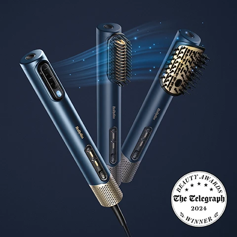 Image 1 - A collection of three styling tools in blue with gold accents, featuring a brush and different heads, emitting stylized blue lines representing airflow, with a circular award badge labeled Beauty Awards The Telegraph 2024 Winner.
              Image 2 - A woman with shoulder-length hair is using a hair dryer on her damp hair while looking slightly to her right, with the word DRY displayed in the lower left corner.
              Image 3 - A woman with medium-length curly hair holds a hair straightening tool, applying it to a section of her hair, with the text WET TO STRAIGHT prominently displayed at the bottom.
              Image 4 - A woman with long, straight hair is using a hair styling tool to straighten a section of her hair while looking at the camera, with the text WET TO VOLUME visible in the lower left corner.
              Image 5 - A sleek black device with light emanating in pink and blue waves, accompanied by the text 123Km/hr SUPER-FAST AIRSPEED.
              Image 6 - An angled view of a hairbrush showing detangling and polishing bristles, with labels indicating their functions and a curved oval design for shape and volume.
              Image 7 - Image of a hair styling tool featuring a handle and a head with ceramic straightening plates and detangling bristles, with visible text that reads Ceramic straightening plates and Detangling bristles.