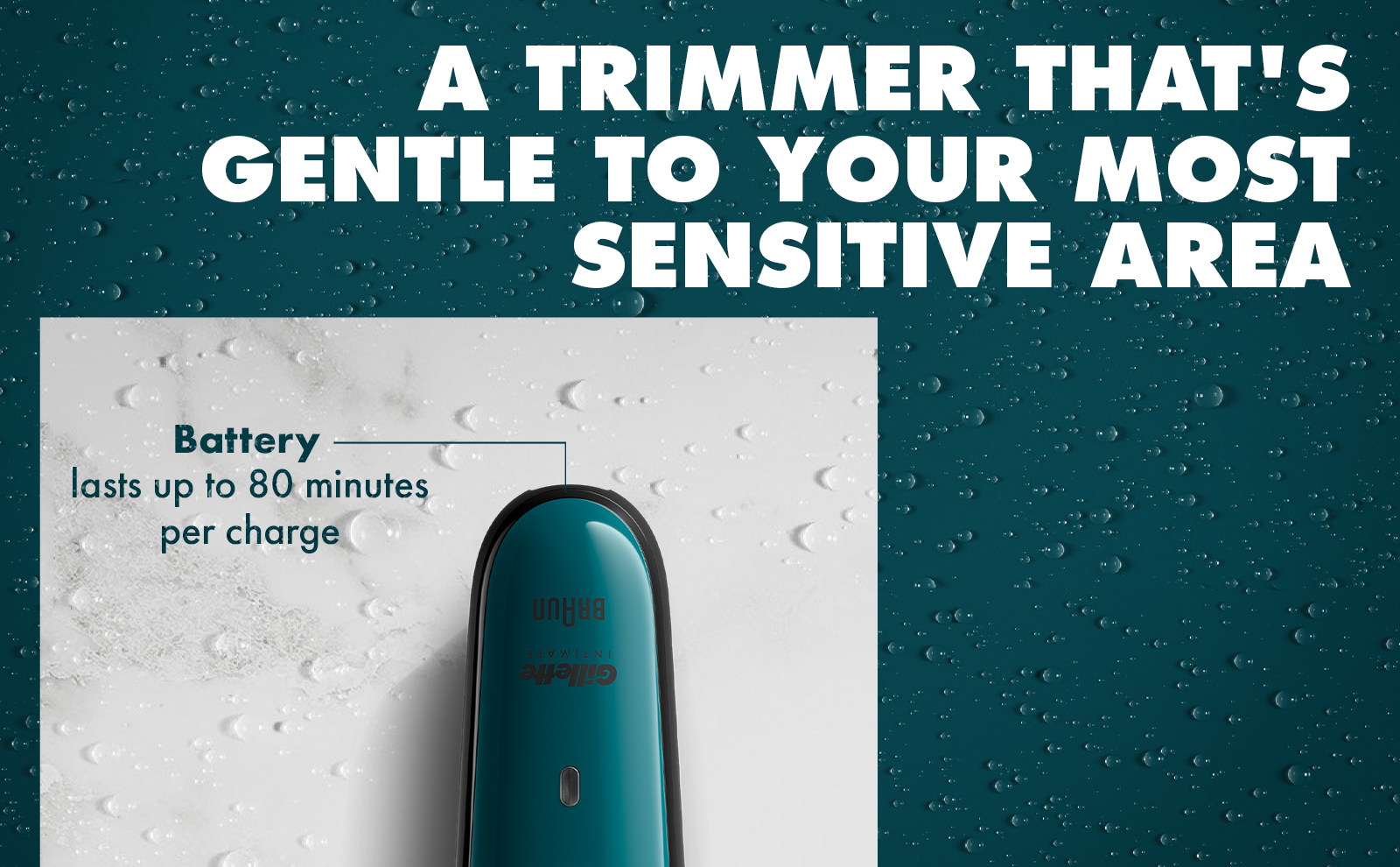 A trimmer that's gentle to your most sensitive area. Battery lasts up to 80 minutes per charge.