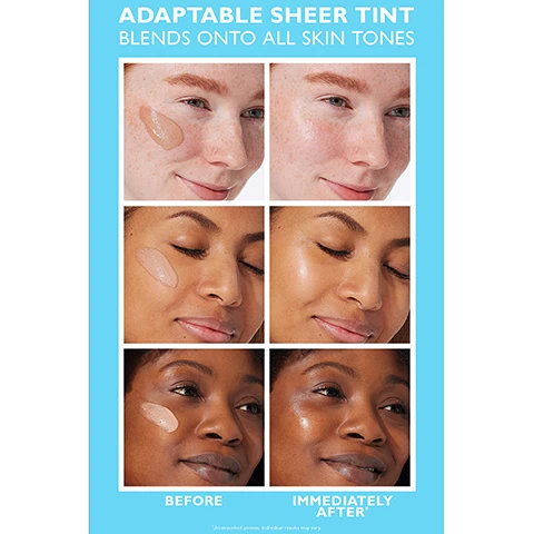 Image 1, adaptable sheer tint, blends onto all skin tones. before and immediately after. unretouched photo, individual results may vary. image 2, water drench SPF 45 and a hint of tint. lightweight cream to water broad spectrum protection. hydrating 30% hyaluronic acid complex. universal tint with no white cast. image 3, 100% showed immediate skin hydration improvement in clinical study. 97% agreed skin immediately had a healthy glow. 97% agreed this product did not leave a white cast. based on an immediate clinically measured study on 41 women aged 41-65. based on an immediate and 1 week consumer perception study on 41 women aged 41-65. image 4, pick your water drench SPF 45 moisturiser. invisible cream to water smoothing clear finish. tinted cream to water tone evening glowy finish. image 5, hydrating formula has a tone evening tint and works well under makeup.