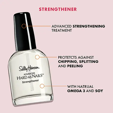 Strengthener. Advanced strengthening treatment. Protects against chipping, splitting and peeling. With natural omega 3 and soy. Base and top coat. As a base coat, double duty moisturizes and hydrates nails with panthenol. As a top coat, double duty protects with nylon. Salon and dermatologist tested.
