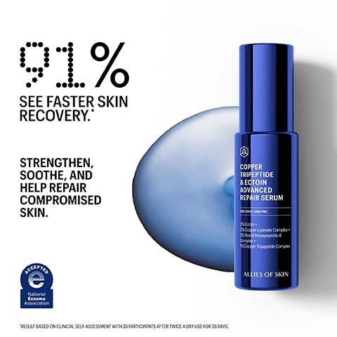 Image 2 - A blue bottle of Allies of Skin Copper Tripeptide & Ectoin Advanced Repair Serum stands next to a blurry blue background element, with visible text on the left stating 91% SEE FASTER SKIN RECOVERY.* STRENGTHEN, SOOTHE, AND HELP REPAIR COMPROMISED SKIN., the bottle label reads COPPER TRIPEPTIDE & ECTOIN ADVANCED REPAIR SERUM RM DAILY (AM/PM) 2% Ectoin • 2% Copper Lysinate Complex • 2% Acetyl Hexapeptide-8 Complex • 1% Copper Tripeptide Complex ALLIES OF SKIN, with an ACCEPTED National Eczema Association logo in the bottom left, and a disclaimer at the bottom *RESULT BASED ON CLINICAL SELF-ASSESSMENT WITH 35 PARTICIPANTS AFTER TWICE A DAY USE FOR 56 DAYS. Image 3 - A two-panel image showing a close-up of a persons face, with the left panel displaying red and textured skin labeled Day 01, and the right panel displaying visibly smoother and less red skin labeled Day 56, followed by the text 86% SAY THEIR SKIN FEELS STRONGER AND LESS IRRITATED. *RESULT BASED ON CLINICAL SELF-ASSESSMENT WITH 35 PARTICIPANTS AFTER TWICE A DAY USE FOR 56 DAYS. and an ACCEPTED National Eczema Association logo. Image 4 - A dark blue serum bottle with a pump dispenser and a detached cap floats against a dark background, displaying the text: 1% COPPER TRIPEPTIDE COMPLEX HELPS COUNTERACT PREMATURE AGING AND SUPPORTS SKIN REPAIR. 2% ECTOIN HELPS PREVENT DAMAGE CAUSED BY POLLUTION. 2% COPPER LYSINATE COMPLEX ENHANCES SKIN DENSITY AND FIRMNESS. On the bottle: COPPER TRIPEPTIDE & ECTOIN ADVANCED REPAIR SERUM 30ML/1 FL. OZ. KEY INGREDIENTS: 1% Copper Tripeptide Complex, 2% Ectoin, 2% Copper Lysinate Complex, 2% Niacinamide, 2% Alpha-Arbutin, 5% Prickly Pear Seed Oil. ALLIES OF SKIN. Image 5 - A before-and-after image shows a persons nose and mouth area with more visible wrinkles and irritation on Day 01, and noticeably smoother skin with less irritation on Day 28, along with the text 40% LESS IRRITATION IN 1 MONTH. * RESULT BASED ON DIFFERENT SCORES OF SKIN IRRITATION SIGNS OF 35 PARTICIPANTS AFTER TWICE A DAY USE FOR 28 DAYS, PERFORMED BY AN EXPERT UNDER MEDICAL SUPERVISION and an Accepted National Eczema Association logo. Image 6 - A black background image presents two serum bottles, one glowing green for Multi Peptides & GF Advanced Lifting Serum and one glowing purple for Copper Tripeptide & Ectoin Advanced Repair Serum, positioned above a comparative features table with text reading EXPLORE OUR FOUNDERS FAVORITES, followed by a FOUNDER TIP: FOR ADVANCED LIFTING AND RECOVERY SUPPORT, I APPLY GROWTH FACTOR SERUM MORNING AND EVENING. ONCE ITS FULLY ABSORBED, I LAYER COPPER TRIPEPTIDE SERUM - PARTICULARLY IF MY SKIN IS IRRITATED OR I FEEL STRESSED. - NICOLAS TRAVIS, FOUNDER, with a Nicolas Travis signature; the Multi Peptides & GF Advanced Lifting Serum bottle label reads Multi Peptides & GF Advanced Lifting Serum, An anti-aging peptide solution with an advanced lifting effect, All skin types, including sensitive and dry skin types, 30ml / 1 fl. oz., Allies of Skin, with eye, sun, and moon icons for use indication; the Copper Tripeptide & Ectoin Advanced Repair Serum bottle label reads Copper Tripeptide & Ectoin Advanced Repair Serum, An anti-inflammatory solution with a regenerative repairing effect, All skin types, including sensitive, stressed and dehydrated skin types, 30ml / 1 fl. oz., Allies of Skin, also with eye, sun, and moon icons for use indication; a comparison table then details features: SUPPORTS SKIN LONGEVITY checked for both serums, DIMINISHES THE APPEARANCE OF AGING checked for both serums, SPEEDS SKIN RECOVERY checked only for Copper Tripeptide & Ectoin Advanced Repair Serum, REDUCES LOOK OF SAGGING SKIN checked only for Multi Peptides & GF Advanced Lifting Serum, SOOTHES IRRITATION AND REDNESS checked only for Copper Tripeptide & Ectoin Advanced Repair Serum, and COMPATIBLE WITH ACIDS - RETINOIDS checked for both serums; finally, a note at the bottom states ALSO SUITABLE FOR USE AROUND THE EYE CONTOUR. Image 7 - A close-up of a vibrant blue liquid or emulsion with three overlapping dotted circles, highlighting its properties as Naturally-Occurring Vibrant Blue Hue, Skin-Soothing Emulsion, Layers Seamlessly Under Skincare + Makeup, and Fast-Absorbing, Non-Sticky Finish. Image 9 - The image displays five skincare products in various bottles and tubes above a daily skincare regimen, with visible text that reads: SKIN-SOOTHING ROUTINE A DAILY SYSTEM FEATURING OUR BESTSELLING SERUM TO HELP SPEED SKIN RECOVERY AND REPAIR. AM 01 CLEANSER 02 MIST 03 SERUM 04 MOISTURIZER 05 SPF PM 01 CLEANSER 02 MIST 03 SERUM 04 MOISTURIZER.