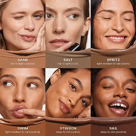 Sand, fair to light neutral. Salt, fair to light cool. Spritz, light-medium to tan warm. Swim, light-medium to tan neutral. Stinson, deep to rich warm. Sail, deep to rich neutral. Sand, Salt, Spritz, Swim, Stinson, Sail. Effortless Bronze. Soft-focus, buildable bronze. Buildable and blendable. Easy, targeted application. Vegan, fragrance free, safe for sensitive skin, dermatologist tested. Dew bronze plus the base brush equals BFF's for naturally-defined, targeted bronze. targeted applicator. Blend for a soft-focus finish. Supercharged ingredient stack powered by Saie Science. Smoothing and blurring Silica. Hydrating plant derived Glycerin. Brightening licorice root extract. Our iconic dew blush formula now in a bronzer, dew bronze, dew blush. before and glowing - 100% unretouched