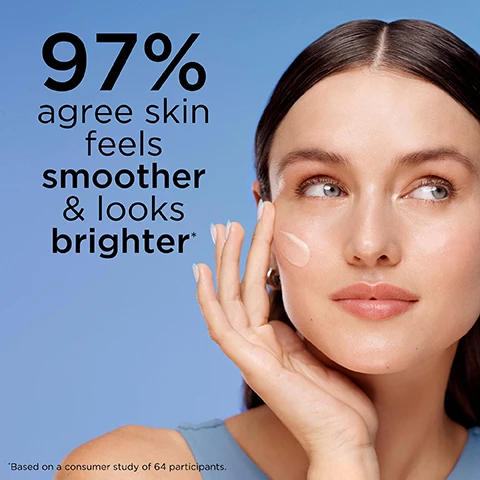 Image 1, 97% agree skin feels smoother and looks brighter. based on a consumer study of 64 participants. image 2, 94% see an improvement in skin clarity. based on a consumer study of 64 participants after 2 weeks. image 3, 8 great benefits = hydrates, brightens, refines pores, primes, smooths, soothes, strengthens barrier, controls oil. image 4, cool and refreshing, ultralight texture. image 5, squalane strengthens skin's moisture barrier. glycerin and hyaluronic acid hydrates and plumps. botanical blurring complex controls oil, mattifies and blurs. image 6, before and after 1 week. skin appears smoother and less oily with minimized pores. representative image of panelist after 1 week. individual results may vary