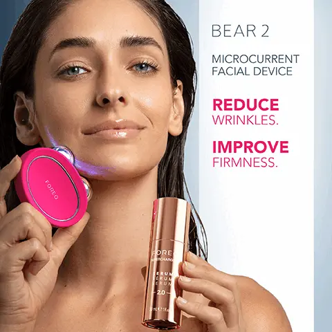 Image 1, FOREO BEAR 2 MICROCURRENT FACIAL DEVICE REDUCE WRINKLES. IMPROVE FIRMNESS. FORE CHARG ERUM CRUM CRUN 2.0- Image 2, FOREO BENEFITS Younger-looking face & more lifted cheekbones Skin looks more bright, plump & healthy Improved under eye puffiness & sagging Image 3, POWERFUL INGREDIENTS REPLENISHING HYALURONIC ACID COMPLEX ANTIOXIDANT-RICH SQUALANE, CERAMIDES & VITAMIN E MOISTURIZING PANTHENOL + AMINO ACID (SERINE) CONDUCTIVE MOISTURIZING ELECTROLYTES