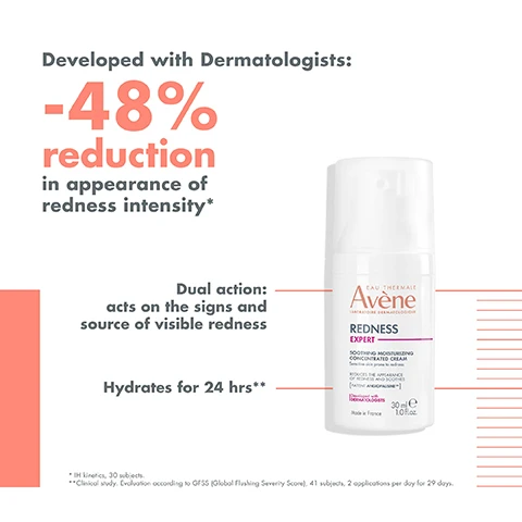 Image 1, developed with dermatologists: -48% reduction in appearance of redness intensity. dual action acts on the signs and source of visible redness. hydrates for 24 hours. image 2, 1 = cleanse with tolerance extremely gentle cleanser. 2 = soothe with avene thermal spring water. 3 = moisturise and reduce redness with redness expert concentrated cream. image 3, fragrance free ultra refreshing texture. for sensitive skin prone to redness. image 4, targets visible signs of redness. acts at the source. hydrating.