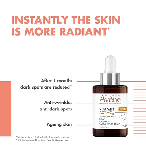 Image 1 - A serum bottle labeled Avene Vitamin ActivCg is shown with text stating Instantly the skin is more radiant, After 1 month: dark spots are reduced, Anti-wrinkle, anti-dark spots, and Ageing skin.
              Image 2 - Image shows three skincare products from Avene in an organized layout indicating their functions: a brown serum labeled Boost Radiance, a cream labeled Illuminate, and an orange sunscreen labeled Protect, with visible text next to each product describing their names and purposes.
              Image 3 - A bottle of Avène Vitamin Activ Cg serum with a dropper lid is displayed, and there are text labels next to it stating Evens Out, Illuminates, Smooths, and 94% Natural Origin Ingredients.
              Image 4 - Image shows a swatch of creamy product alongside text detailing key ingredients, including 1.8% VITAMIN CG: Antioxidant. Equivalent to 20% Vitamin C* and NIACINAMIDE: Revitalises the skin and reduces the appearance of dark spots.