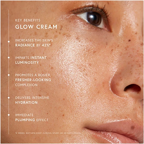 Image 1 - Close-up of a persons face showcasing smooth skin with natural freckles and a radiant glow, accompanied by text detailing the benefits of glow cream, including increases in radiance, instant luminosity, a fresher complexion, intensive hydration, and a plumping effect.
              Image 2 - An opened jar of Dr. Barbara Sturm Glow Cream is shown against a light pink background, with key ingredients listed alongside it: light-reflecting pearl pigments, triple hyaluronic acid, polygonum bistorta root extract, and wild rose extract.
              Image 3 - A flat lay image of skincare products arranged in a routine format with the header Enhanced STURMGLOW™ ROUTINE, featuring products labeled Cleanse, Hydrate, Moisturize, and Supercharge Your Routine, including a cleanser, hyaluronic serum, glow cream, glow drops, and night serum.
