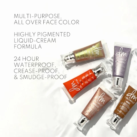 multi purpose all over face colour. highly pigmented liquid cream formula. 24 hour, waterproof, crease-proof and smudge proof.