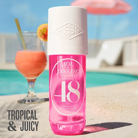 Image 1, tropical and juicy. image 2, notes of guava nextar, sunlit orchid and pink musk. image 3, water droplets glisten on skin, poolside cocktails at your service. living in your favourite bikini. image 4, cheirosa 48 celebrates the liberating energy of 1948, when the bikini was first spotted in brazil. image 5, it's bikini season. image 6, cheirosa 48 perfume mist. bikini season back for good.