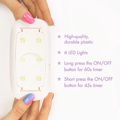 High-quality, durable plastic. 6 LED Lights. Long press the ON/ OFF button for 60s timer. Short press the ON/ OFF button for 45s timer.