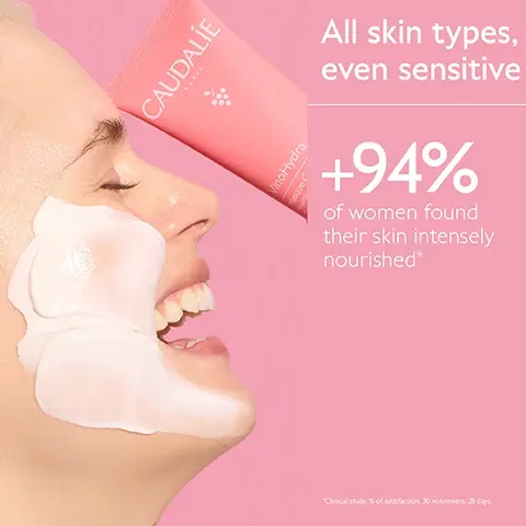 Image 1, all skin types even sensitive. +94% of women found their skin intensely nourished. image 2, how to recycle moisturising mask. 1 = recycle the tube in the recycling bin. 2 = recycle the cap with terracycle. image 3, your vino hydra routine. step 1 = hyaluronic cream. step 2 = combination skin, normal skin, dry skin.