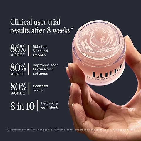 image 1, clinical user trial results after 8 weeks. 86% agree skin felt and looked smooth. 80% agree improved scar texture and softness. 80% agree soothed scars. 8 in 10 felt more confident. 8 week user trial on 50 women aged 18-150 with both new and old scars and stretch marks including post natal. image 2, 2 week transformation. reduces appearance of redness and thickness. for new and old scars. before and after 2 weeks. image 3, 6 month transformation. before and after 6 months. image 4, recommended by dermatologists and gyncecologists. image 5, the perfect pair for stretch marks, scars and pigmentation.