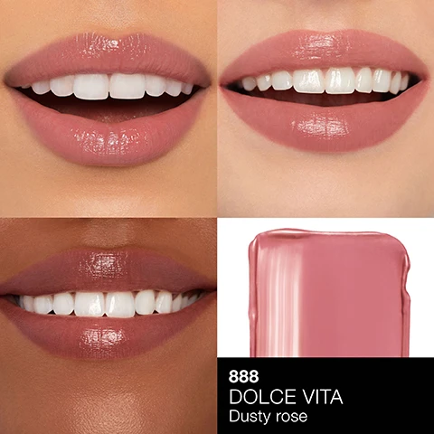 Image 1 - The image showcases four close-up views of lips with varying skin tones displaying the lipstick shade DOLCE VITA in dusty rose, with a swatch of the lipstick at the bottom right showing a smooth application, and the visible text includes 888 DOLCE VITA Dusty rose.
              Image 2 - Four close-up images of lips in different shades of mauve and rose, with the bottom right showing a swatch of lip color along with visible text reading 208 DEVOTION Mauve rose.
              Image 3 - Three arms with swatches of makeup on the forearms display two shades: 208 Devotion and 888 Dolce Vita, with the shade names to the left of the first arm.
              Image 4 - A red lipstick tube is positioned against a red circular backdrop on a pink surface, with visible text stating COLOR MEETS CARE, 8-hour hydration, High-shine finish, and Long-lasting wear.