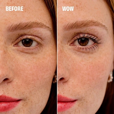 Image 1, now vs wow. image 2, before and wow. image 3, volumizes different lash types. fine, thin, short and curly. image 3, curls different lash types. thick, curly, and fine. image 4, fans different lash types = fine, thin, short and curly.