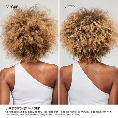 Image 1-4, before and after. unretouched images. results achieved cleansing with number 4, conditioning with number 5, and applying number 7 bonding oil to damp hair before styling and again to dry hair.