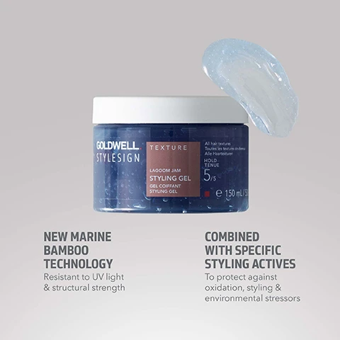 Image 1 - A dark blue jar of Goldwell Stylesign Texture Lagoom Jam Styling Gel with a white lid and a scoop of light blue gel floating above it, featuring the text GOLWELL STYLESIGN TEXTURE LAGOOМ JAM STYLING GEL GEL COIFFANT STYLING GEL All hair textures Toutes les textures de cheveux Alle Haartenturen HOLD TENUE 5/5 e 150 mL / 5.1 fl. oz. NEW MARINE BAMBOO TECHNOLOGY Resistant to UV light & structural strength COMBINED WITH SPECIFIC STYLING ACTIVES To protect against oxidation, styling & environmental stressors. Image 2 - A persons hands hold an open blue jar of Goldwell Stylesign hair gel with dark blue contents and a white lid, while product features and usage instructions are displayed: Instantly provides high shine, ultra-strong hold, texture & volume for up to 72 hours, Use on towel-dried hair for strongest hold, Use for blow-drying or hand-sculpting, Goldwell Stylesign Texture, Lagoon Jam Styling Gel, Gel Coiffant Styling Gel, Hold Stärke 5, e 150ml. Image 3 - A dark blue jar of Goldwell Stylesign Texture Lagoom Jam Styling Gel with a white lid, labeled GOLDWELL STYLESIGN TEXTURE LAGOOM JAM STYLING GEL GEL COIFFANT STYLING GEL HOLD TENUE 5/5 e 150ml, is shown above PETA APPROVED Vegan Global Animal Test Policy and ClimatePartner certified product climate-id.com/PBNVQ3 CO2 measure reduce contribute logos.