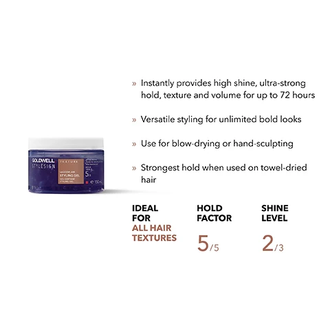 Image 1, instantly provides high shine, ultra strong hold, texture and volume for up to 72 hours. versatile styling for unlimited bold looks. use for blow drying or hand sculpting. strongest hold when used on towel dried hair. ideal for all hair textures. hold factor 5/5. shine level 2/3. image 2, climate neutral product - product is CO2 compensated. vegan formula - no animal derived ingredients. reuse and recycle - use of 75% PCR materials in bottle. product is CO2 compensated, climate neutral = often also called carbon neutral, describing the reduction and compensation of carbon emissions to zero, but scientifically climate neutral refers to all greenhouse gases, not only carbon dioxide.