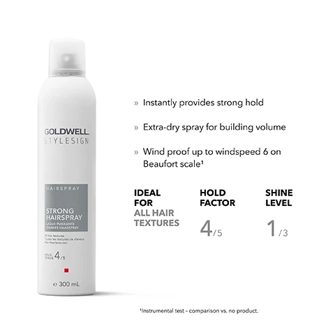 Image 1, instantly provides strong hold. extra dry spray for building volume. wind proof up to windspeed 6 on beaufort scale. ideal for all hair textures. hold factor 4/5. shine level 1/3. instrumental test - comparison vs no product. image 2, climate neutral product - product is CO2 compensated. vegan formula - no animal derived ingredients. material reduction - plastic reduction due to smaller overcap. reuse and recycle - use of 50% PCR aluminium product is CO2 compensated, climate neutral = often also called carbon neutral, describing the reduction and compensation of carbon emissions to zero, but scientifically climate neutral refers to all greenhouse gases, not only carbon dioxide.