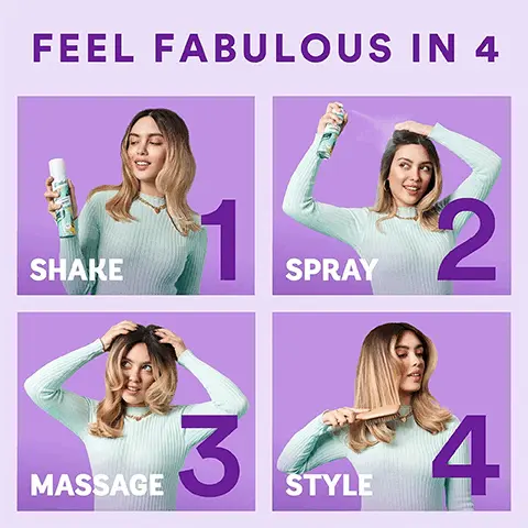 FEEL FABULOUS IN 4. SHAKE, SPRAY, MASSAGE, STYLE. OUR PROMISE. NON-DRYING FORMULA. GENTLY REMOVES OIL. 100% RECYCLABLE. LONGER LASTING FRESHNESS.