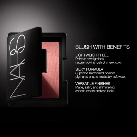 blush with benefits. lightweight feel - delivers a weightless natural looking rush of cheek colour. silky formula - superfine micronized powder pigments ensure irresistibly soft wear. versatile finishes - matte, satin and shimmering shades create endless looks.