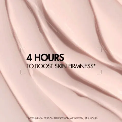 Image GIF1 - A close-up image of a light pink, creamy substance with wavy textures and text overlay that reads 4 HOURS TO BOOST SKIN FIRMNESS* *INSTRUMENTAL TEST ON FIRMNESS ON 40 WOMEN, AT 4 HOURS. Image GIF2 - A before and after comparison image shows a persons neck and jawline, with the left side depicting a sagging contour marked by a white line and the right side showing a more lifted and firmer contour marked by a blue line with small blue arrows, accompanied by the text BEFORE, AFTER, and Simulation of the effect obtained on the average case from a clinical zoning clinic on 20 women during 4 weeks. The result may vary from subject to subject. Image GIF3 - Microscopic blue and red glowing cellular or molecular structures are shown on a dark blue background with the text Collagen Peptides Fractions, A powerful protein with lifting power that boosts inner collagen production, Biotech Plankton™, Rich in 35 nutrients, it will boost cell energy to boost skin function performance and endurance.