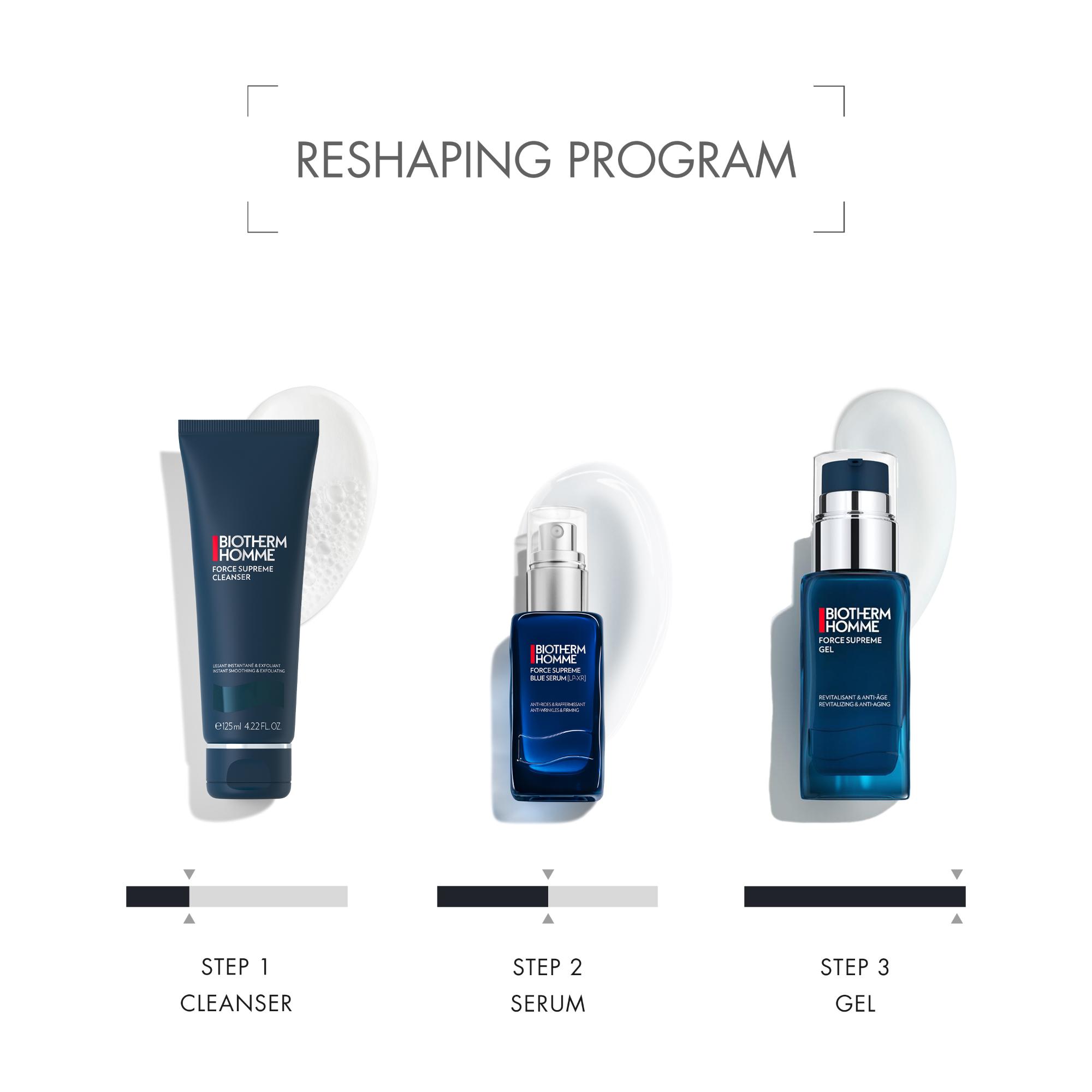 Image GIF3 - The image displays three blue Biotherm Homme skincare products – a cleanser in a tube, a serum in a pump bottle, and a gel in a pump bottle – arranged in a row with white creamy swashes behind each, representing a three-step program, and includes the visible text Reshaping Program, STEP 1 CLEANSER, BIOTHERM HOMME FORCE SUPREME CLEANSER LISSANT INSTANTANÉ & EXFOLIANT INSTANT SMOOTHING & EXFOLIATING e125ml 4.22 FL. OZ., STEP 2 SERUM, BIOTHERM HOMME FORCE SUPREME BLUE SERUM [LP.XR] ANTI-RIDES & RAFFERMISSANT ANTI-WRINKLES & FIRMING, STEP 3 GEL, BIOTHERM HOMME FORCE SUPREME GEL REVITALISANT & ANTI-ÂGE REVITALIZING & ANTI-AGING.