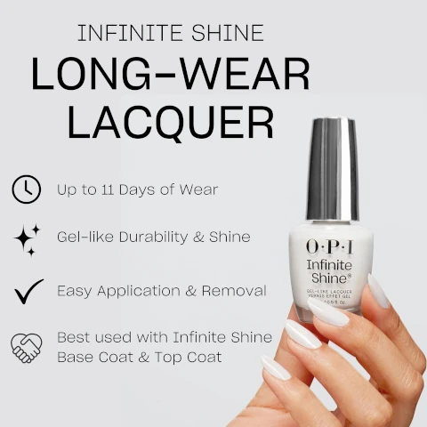 infinite shine, long-wear lacquer. up to 11 days of wear. gel-like durability and shine. easy application and removal. best used with infinite shine base coat and top coat.