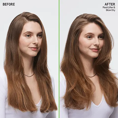 Before, After Root Lifter and Blow Dry. New Look! Step 1, section wet hair and spray Root Lifter directly to roots. Step 2, blow dry roots to mid-lengths. Step 3, Use round brush to perfect ends. Do apply Root Lifter directly on roots for instant volume. Don't be afraid to brush through for even distribution. Volumizing spray foam formulated with wheat protein.