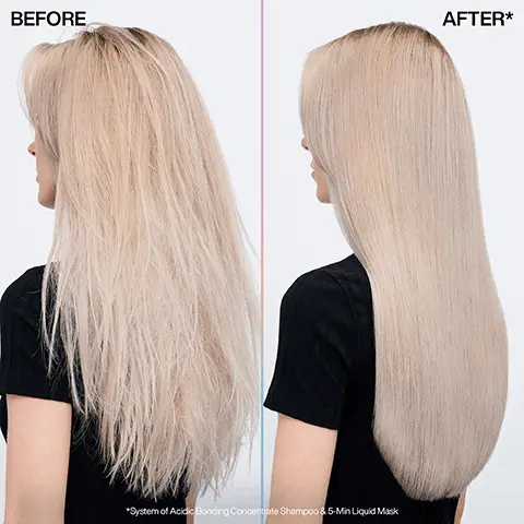 Before, After system of Acidic Bonding Concentrate Shampoo and 5-min Liquid Mask. Ultra-hydration and shine, 3x stronger, 14x easier detangling, based on consumer test results, Acidic Bonding Concentrate 5-min Liquid Mask, vs. non-conditioning shampoo. Damage repair mask. After shampooing apply to wet hair from mid-lengths to ends, 5 mins. 2 steps to 72 hours of ultra-hydration. Leave on for 5-mins and rinse. Weekly, use in place of conditioner.