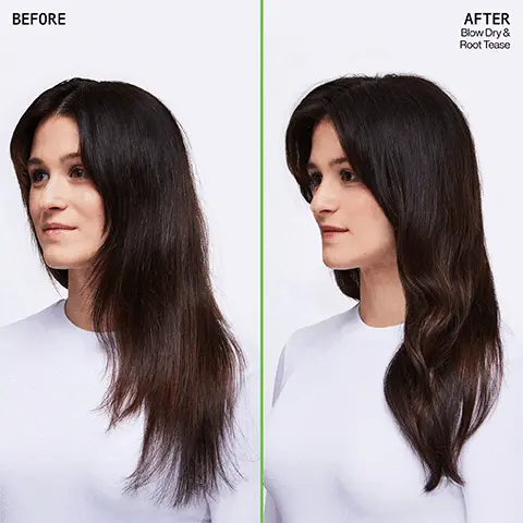 Before, After Blow Dry and Root Tease. Root targeting spray nozzle, lasting hold, fast drying, vegan formula, no animal derived ingredients. New Look! Do spray Root Tease on the roots for instant backcombed volume, Don't overuse! A little goes a long way. Fast-drying root targeting backcombing spray.