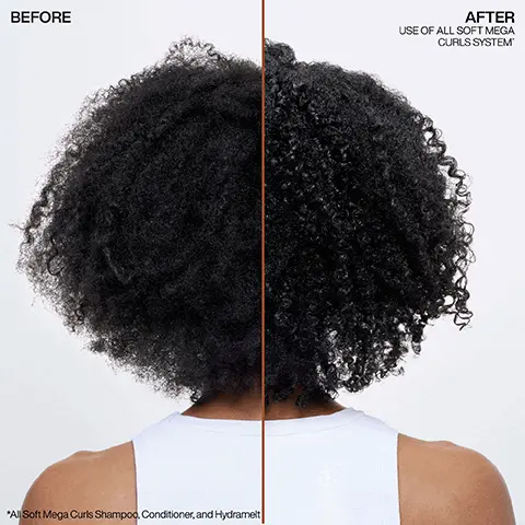 Before, After Use of all soft mega curls system, all soft mega curls shampoo, conditioner and hydramelt. Up to 72 hours of nourished and defined curls, hair feels immediately hydrated, formulated with aloe vera, vegan formula, with no animal derived ingredients. For curl types 3A-4C, ideal for severely dry curls and coils. 3 steps to revive curls, shampoo, condition, treat. Pro-tip, use to refresh your curls on no-wash days. Formulated with aloe vera, cactus flower extract and inca inchi oil.
