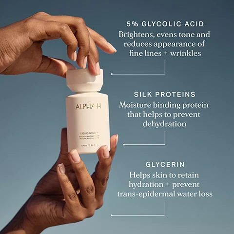 Image 1 - A hand holds a white Alpha H Liquid Gold exfoliating treatment bottle with a blue sky background, and text describes the ingredients: 5% Glycolic Acid brightens, evens tone and reduces appearance of fine lines + wrinkles; Silk Proteins are moisture binding protein that helps to prevent dehydration; and Glycerin helps skin to retain hydration + prevent trans-epidermal water loss. Image 2 - Close-up of a person with glowing skin and a hand holding a white cotton pad, next to text that reads: 93% SAW AN IMPROVEMENT IN SKIN ELASTICITY, 88% SAW AN IMPROVEMENT IN SKIN TONE AND LUMINOSITY, 88% SAW AN IMPROVEMENT IN SKIN TEXTURE, Results from an 8-week clinical study with 28 participants. Image 3 - A white bottle of Alpha-H Liquid Gold Exfoliating Treatment with 5% Glycolic Acid, 100ml / 3.38 fl.oz., with its cap off and a stylized A logo on it, sits on a light beige surface with liquid spills, accompanied by descriptive text that states: Improves brightness, texture and tone, Reduces the appearance of sun damage, fine lines, wrinkles and pigmentation, Supports collagen production, and Accelerates the skins renewal process.