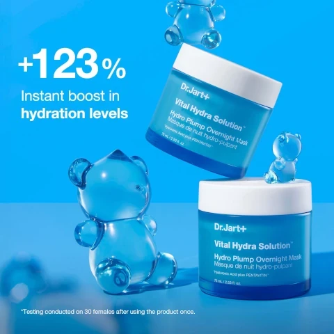 image 1, +123% instant boost in hydration levels. testing conducted on 30 females after using the product once. image 2, pentavitin and panthenol = helps strengthen skin barrier. hyaluronic acid = attracts and holds onto moisture. image 3, instant plump and glow. burst of overnight hydration